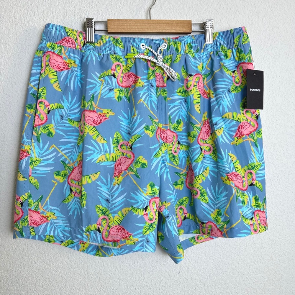 Bonobos Mens Riviera Swim Trunks Blue Flamingo Tropical 7 Inch Inseam L NEW‎